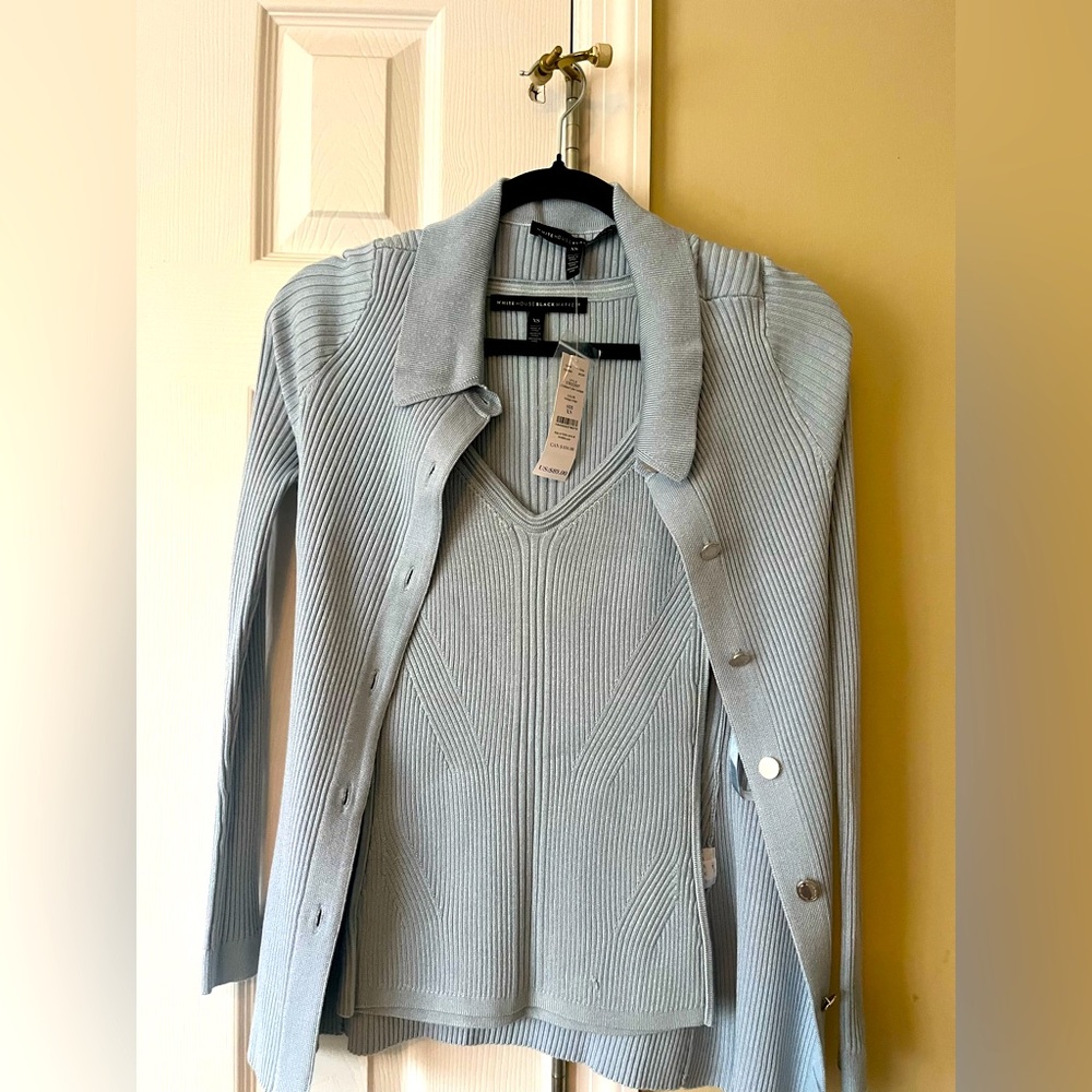 White House Black Market Light Blue Sweater Cardigan Set